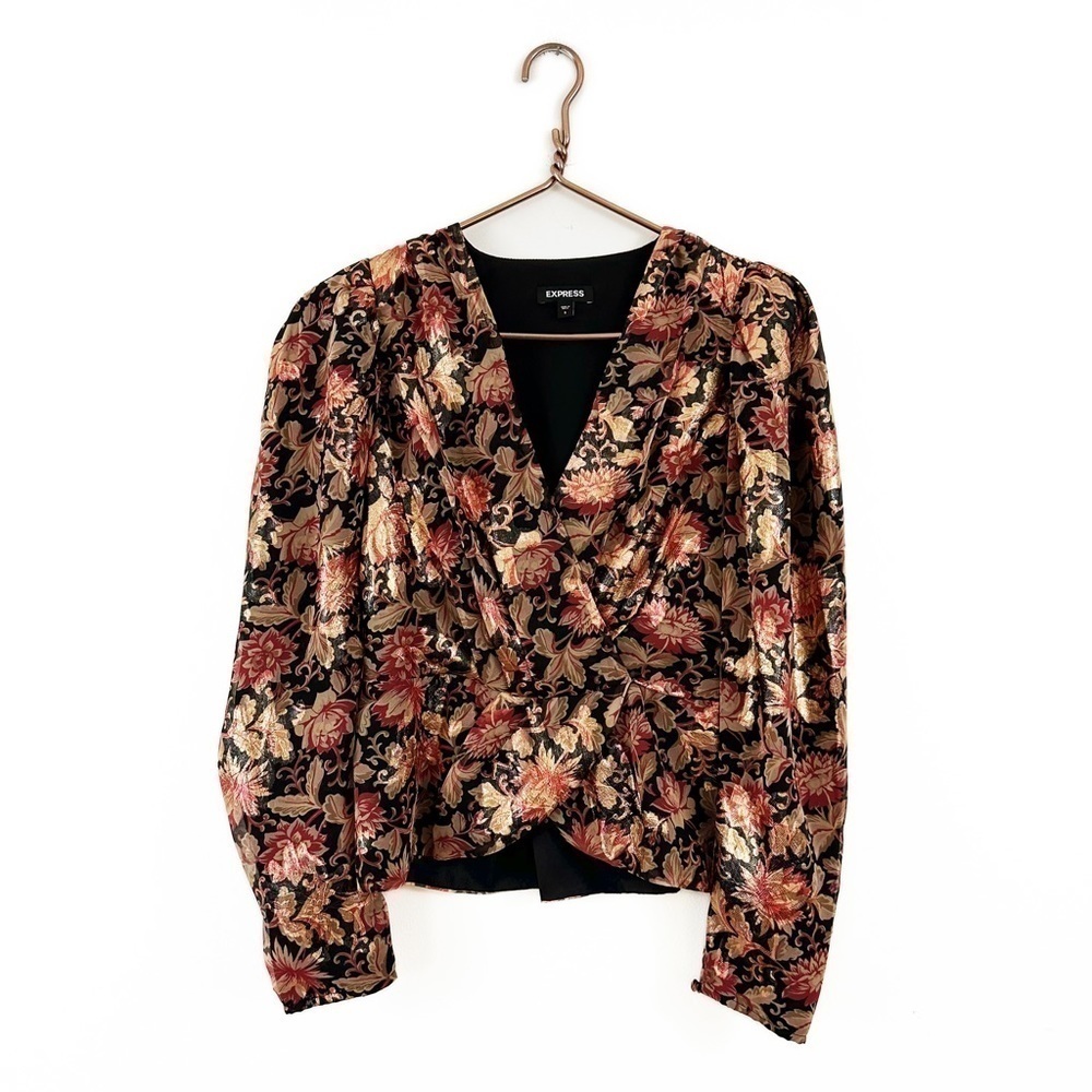 Express Gold Foil Floral V Neck Puff Sleeve Blouse Womens Size Small